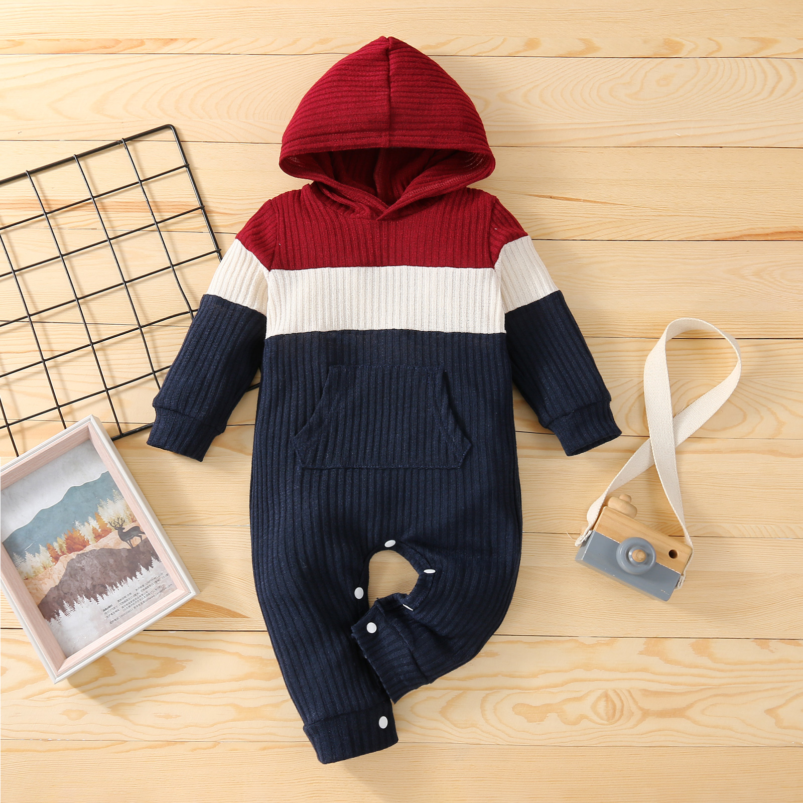 

Colorblock Long-sleeve Hooded Cotton Ribbed Baby Jumpsuit