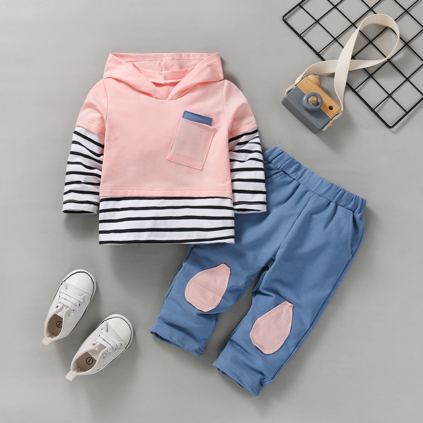 

2pcs Baby Cotton Striped Long-sleeve Hoodie and Trousers Set