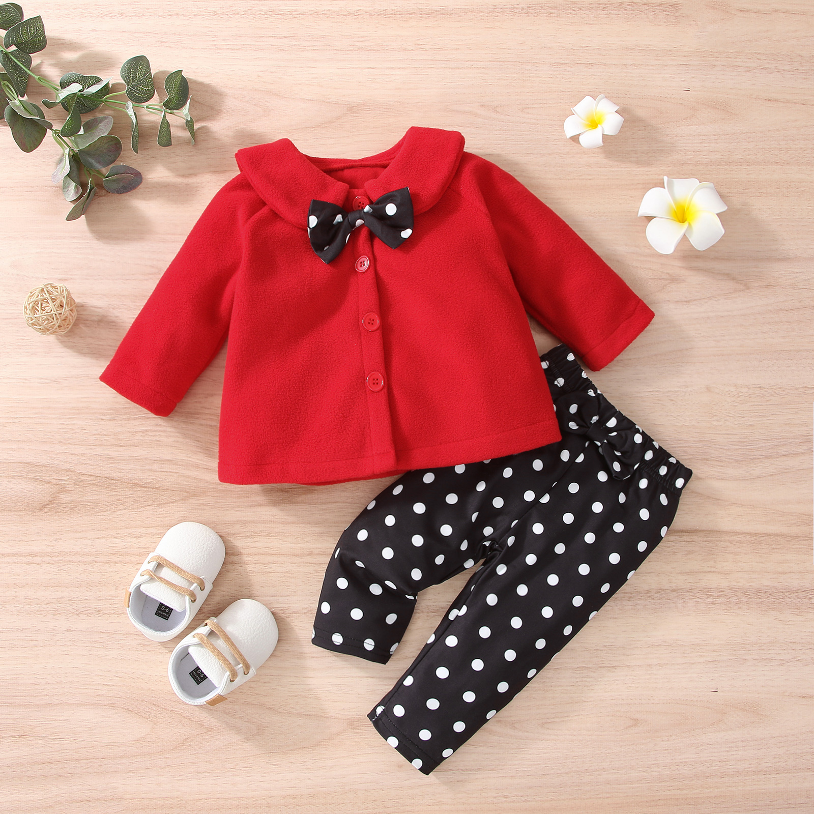 

2pcs Baby Doll Collar Button Down Cotton Long-sleeve Coat and Polka Dots Trousers Set