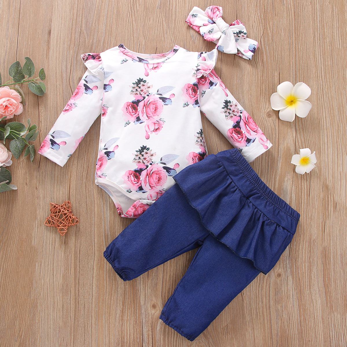 

3pcs Baby Long-sleeve Floral Print Romper and Ruffle Denim Jeans Set