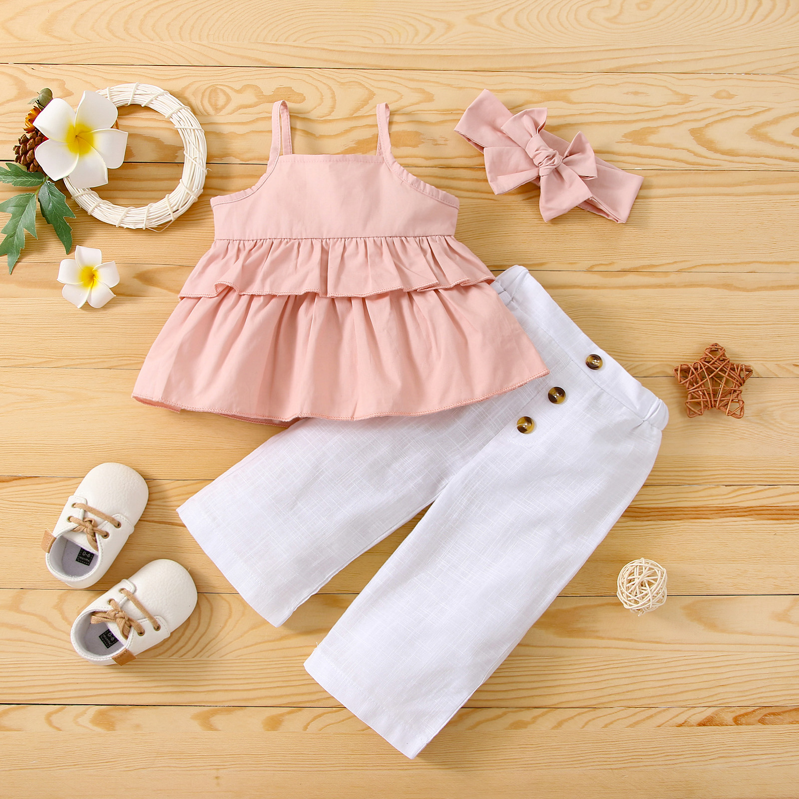 

3pcs Baby Girl Solid Ruffle Sleeveless Cami Top and Straight Leg Pants Set