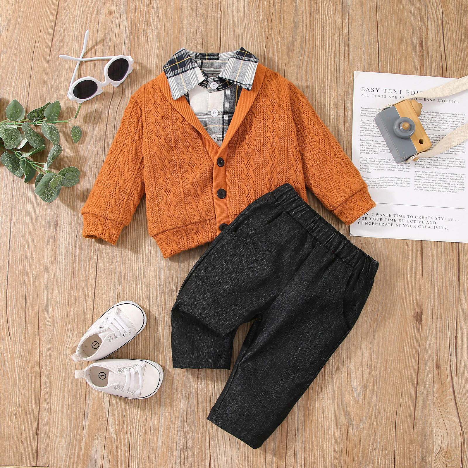 

3pcs Baby Boy Long-sleeve Knitting Cardigan with Plaid Shirt and Trousers Set