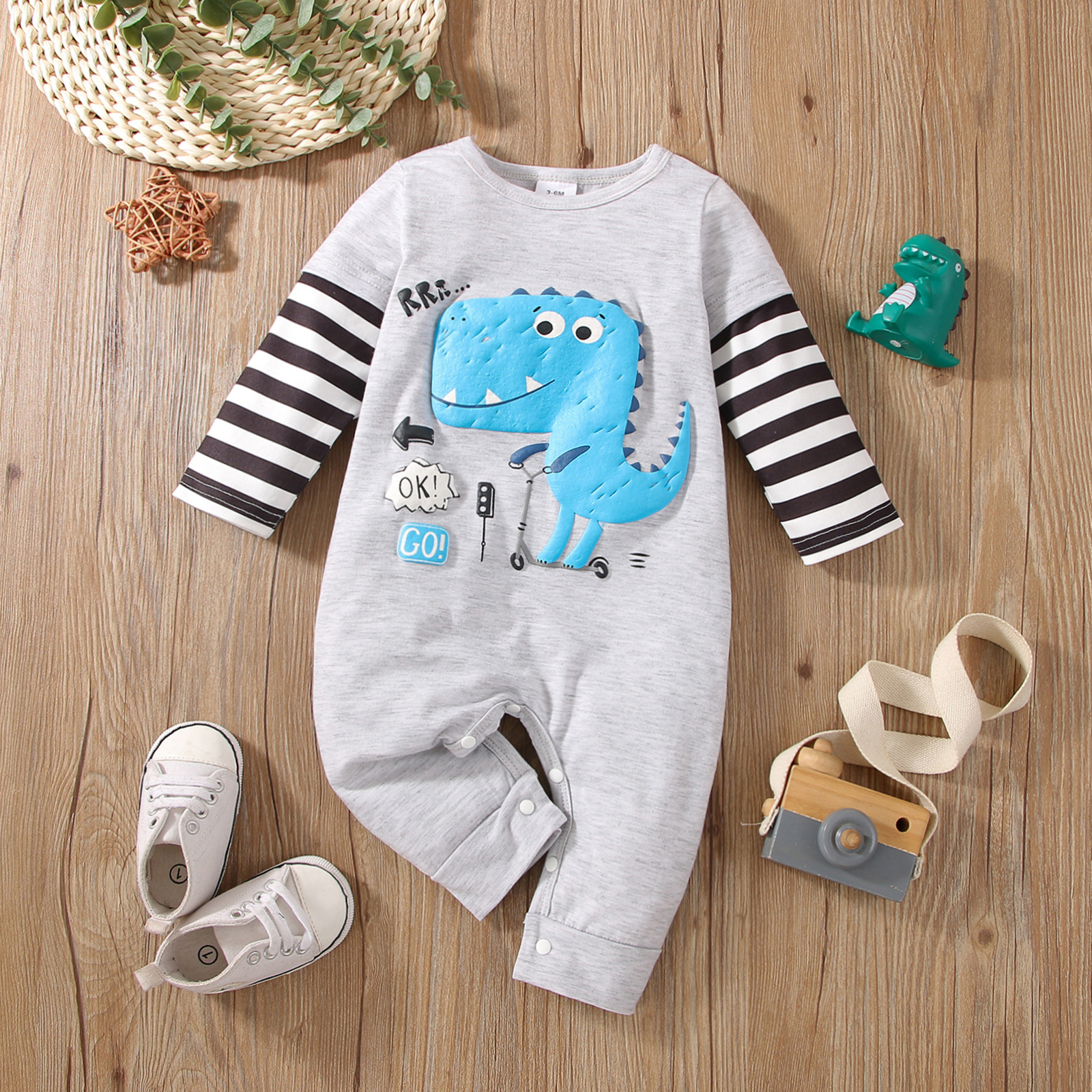 

Baby Boy Cartoon Dinosaur Print Striped Faux-two Long-sleeve Jumpsuit