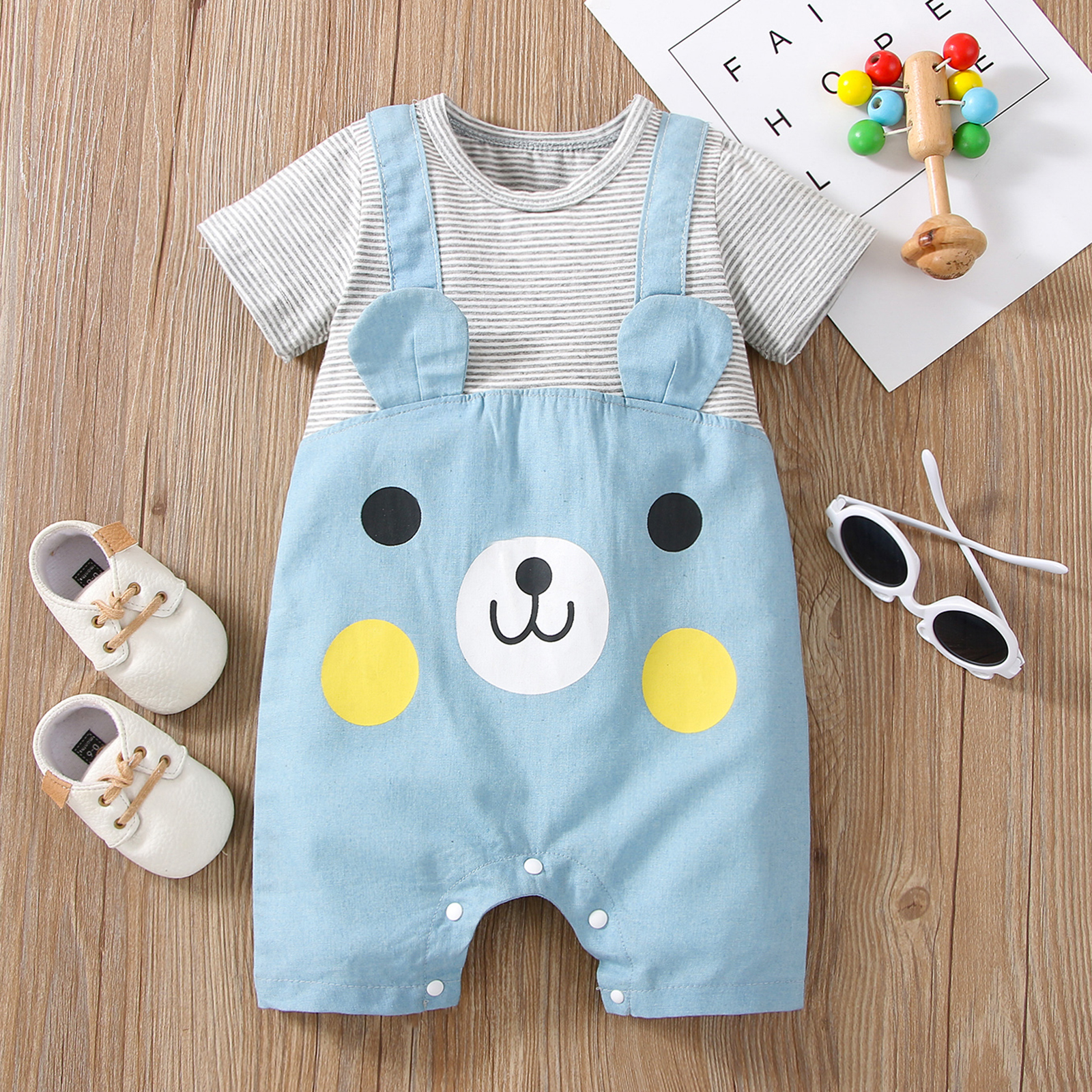 

Baby Boy Cartoon Bear Print Denim Faux-two Striped Short-sleeve Romper
