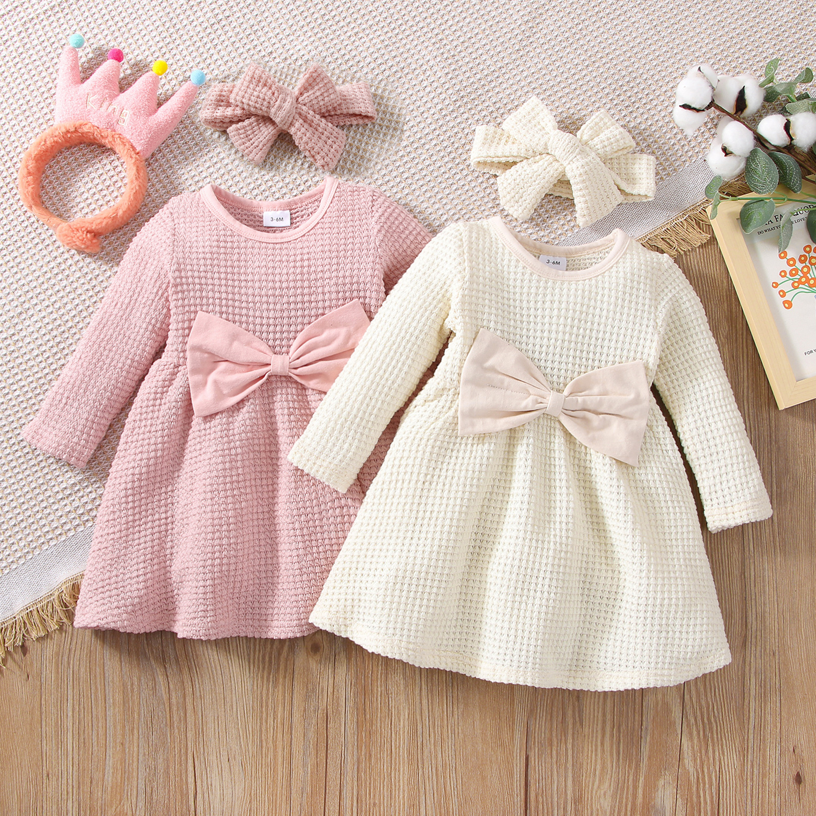 

2pcs Baby Girl Solid Knitted Long-sleeve Bowknot Dress with Headband Set