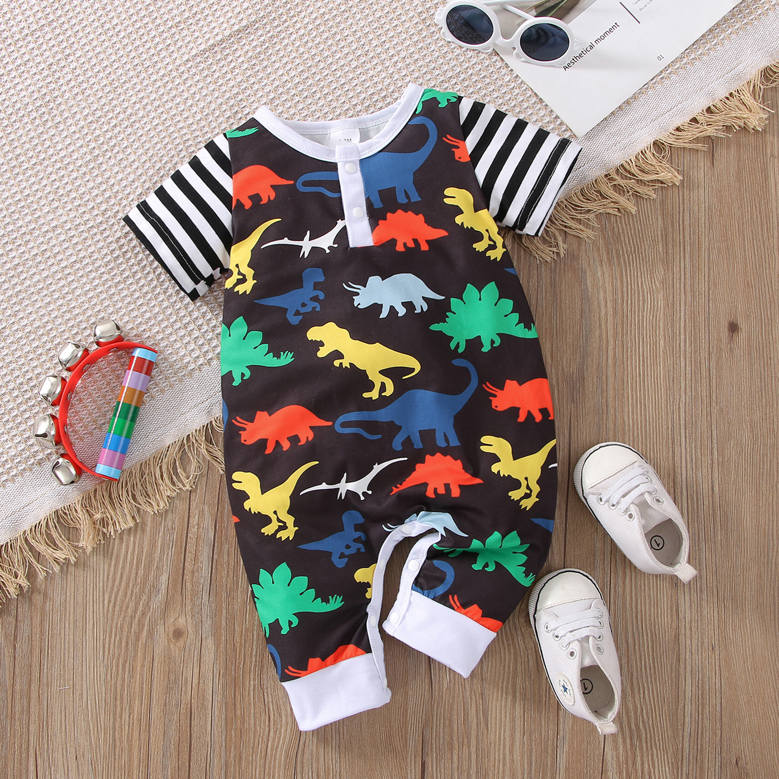 

Baby Boy 95% Cotton Striped Short-sleeve Splicing All Over Multicolor Dinosaur Print Jumpsuit