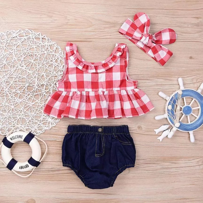 

3-piece Baby Girl Plaid Style Top and Denim Shorts with Headband Set