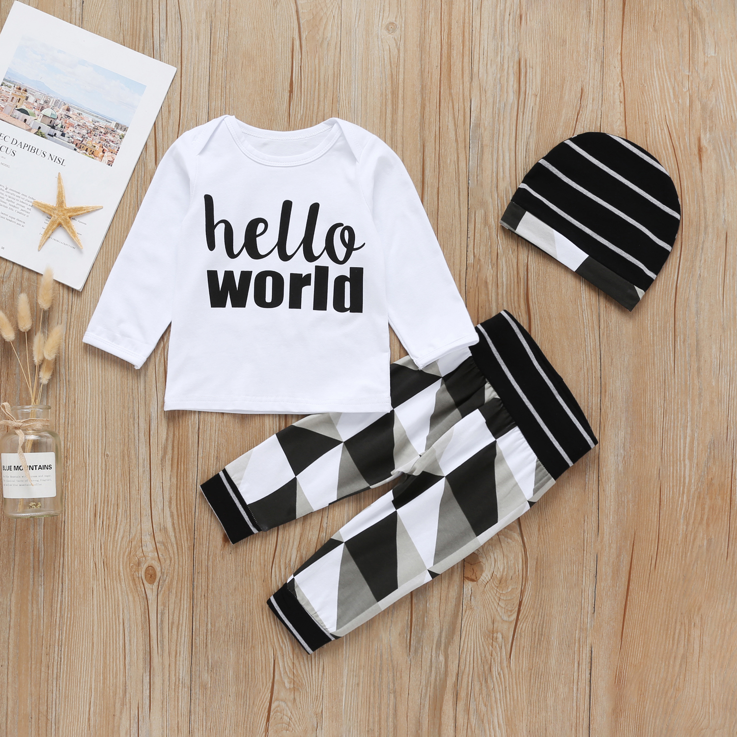 

Letter Print Long-sleeve Top and Pants Hat Set