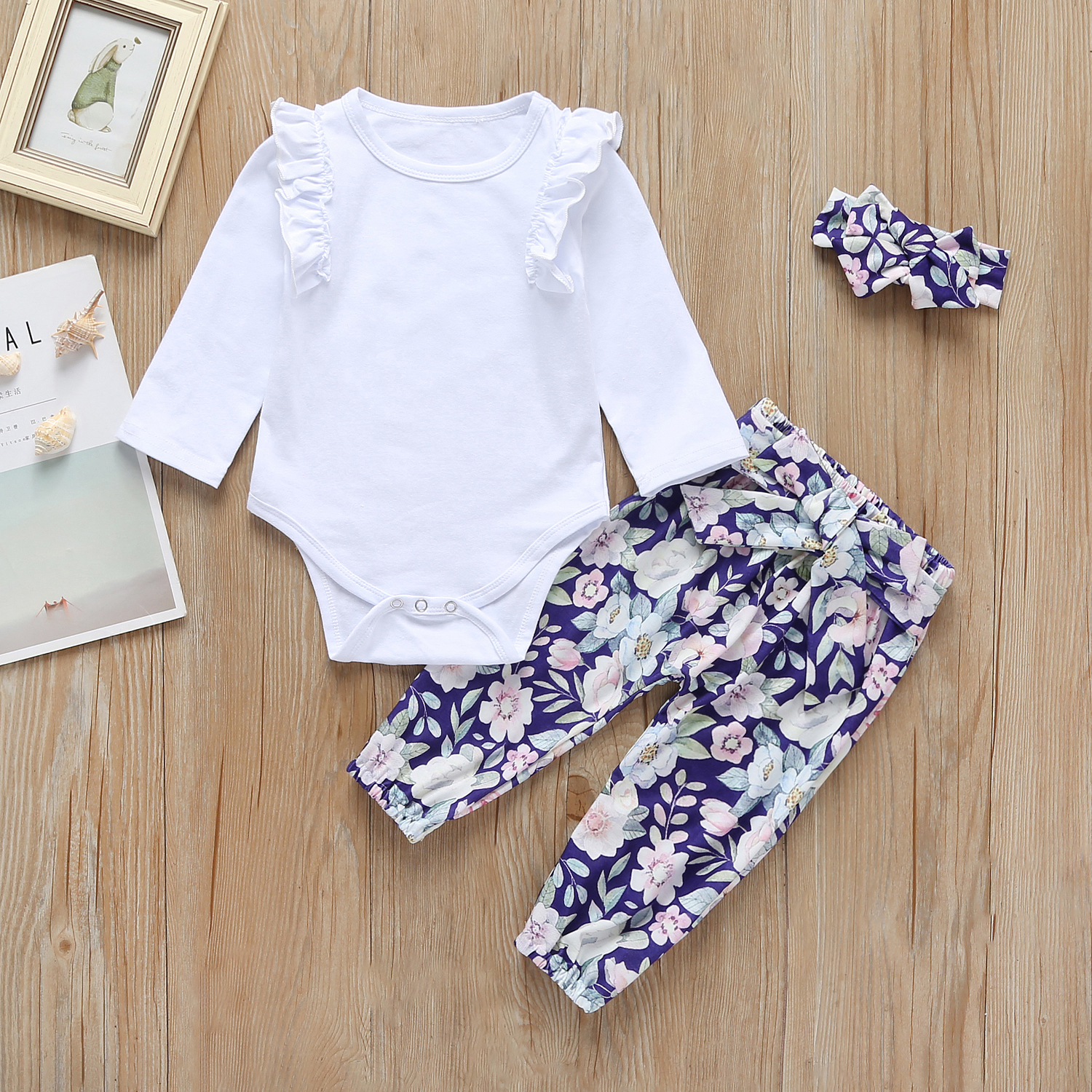 

Ruffled Long-sleeve Bodysuit and Floral Pants Headband Set