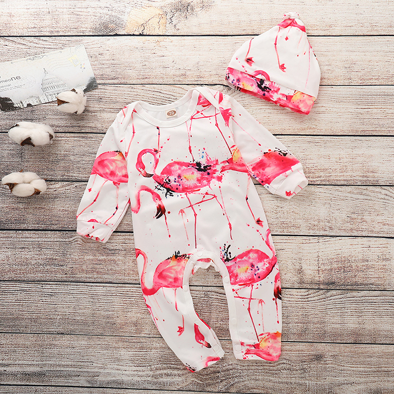 

Baby Girl Trendy Flamingo Allover Long-sleeve Jumpsuit and a Hat