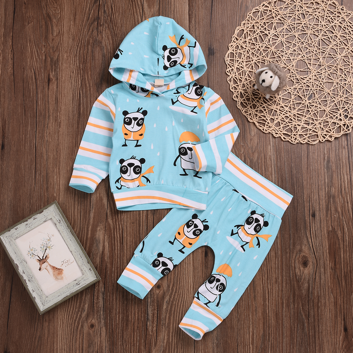 

Baby Animal Print Striped Long-sleeve Hoodie and Pants Set