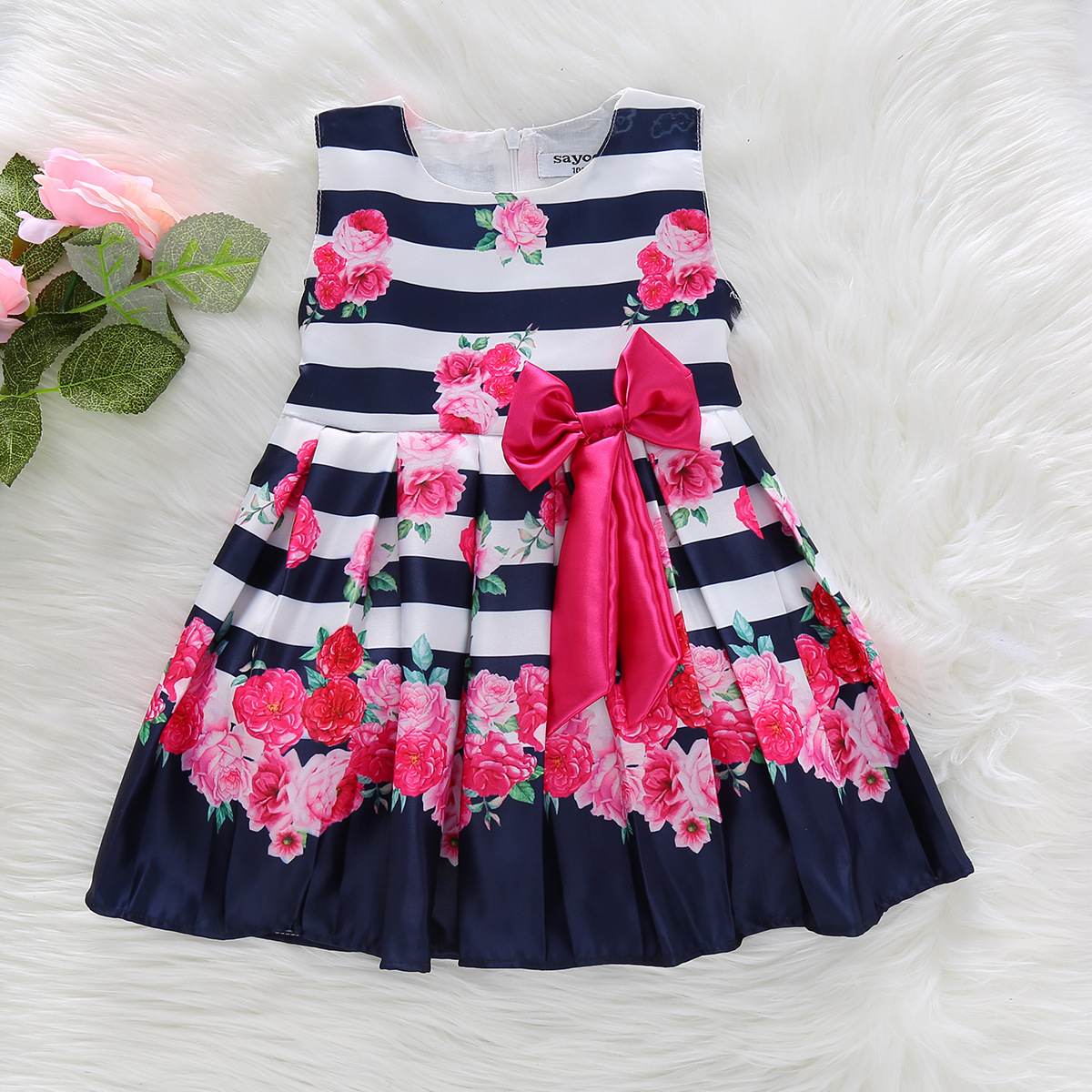 

Striped Floral Print Sleeveless Party Dress
