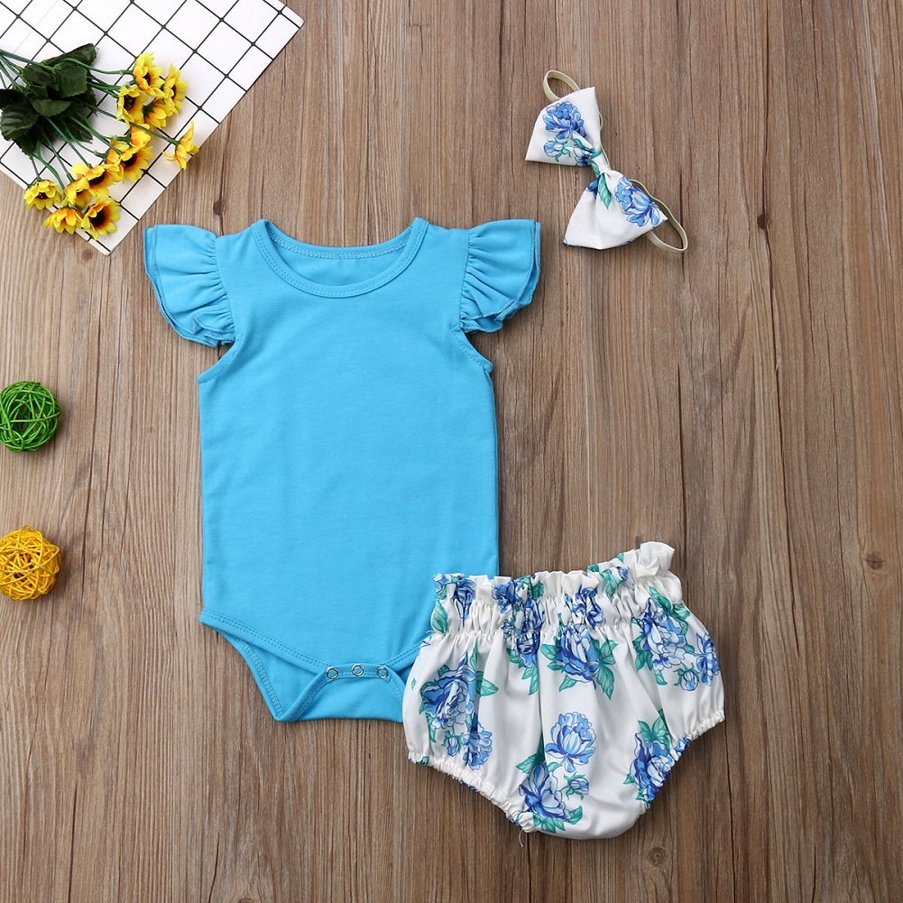 

Ruffle-sleeve Bodysuit and Floral PP Shorts Headband Set