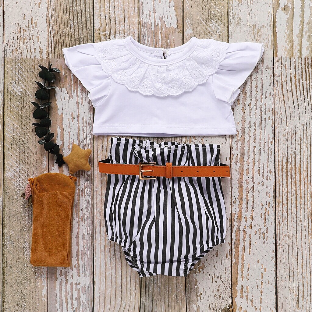 

2-piece Toddler Girl's Lace Lapel Collar Top and Stripe Bellyband Shorts Set