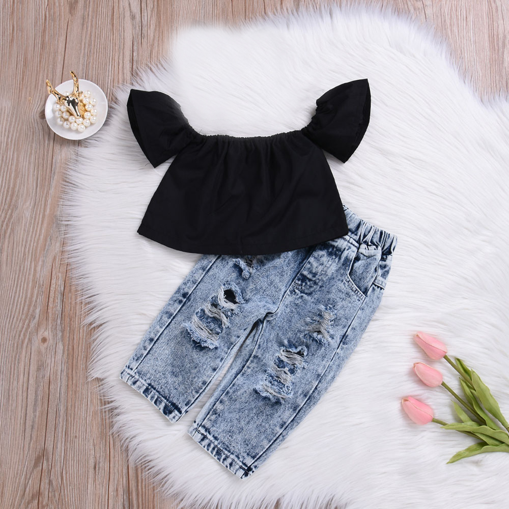 

Baby / Toddler Flutter-sleeve Off Shoulder Top and Ripped Jeans Set