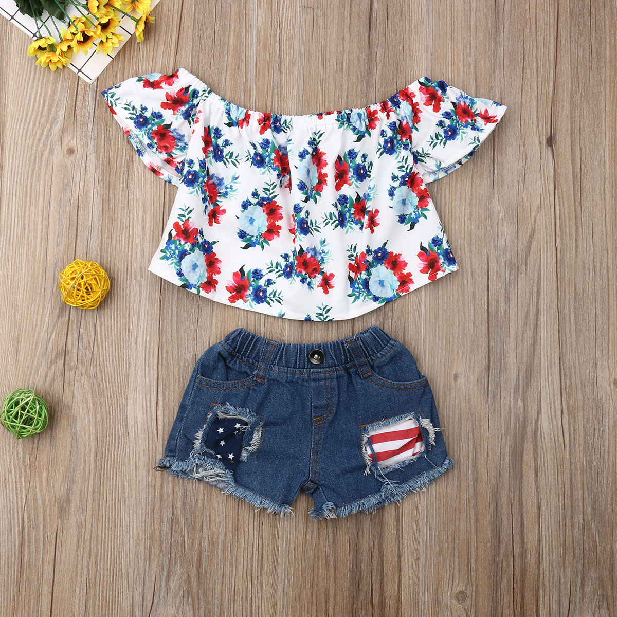 

Baby / Toddler Trendy Floral Off Shoulder Top and Denim Ripped 4th July Shorts Set