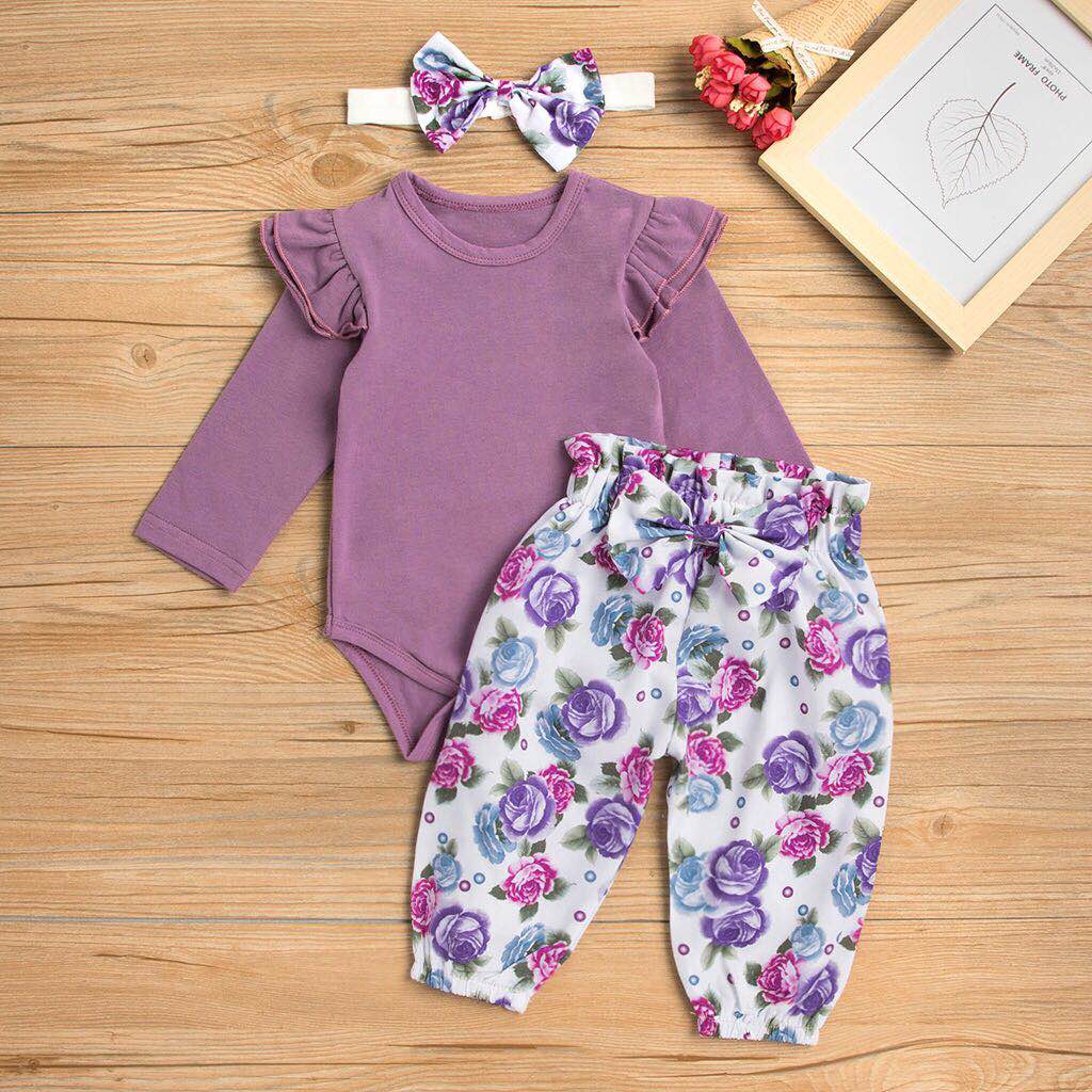 

3-piece Baby Girl Solid Ruffled Shoulder Bodysuit and Floral Pants with Headband Set