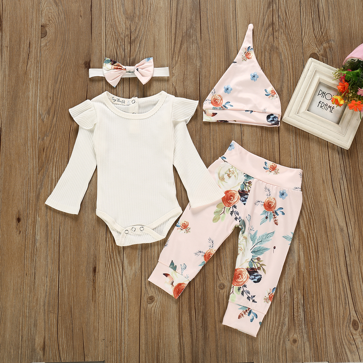

4-piece Baby Girl Solid Flutter-sleeve Bodysuit, Floral Pants and Hat with Headband Set