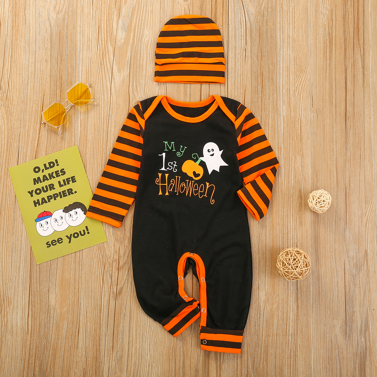 

2-piece Baby Letter Halloween Striped Jumpsuit with Hat