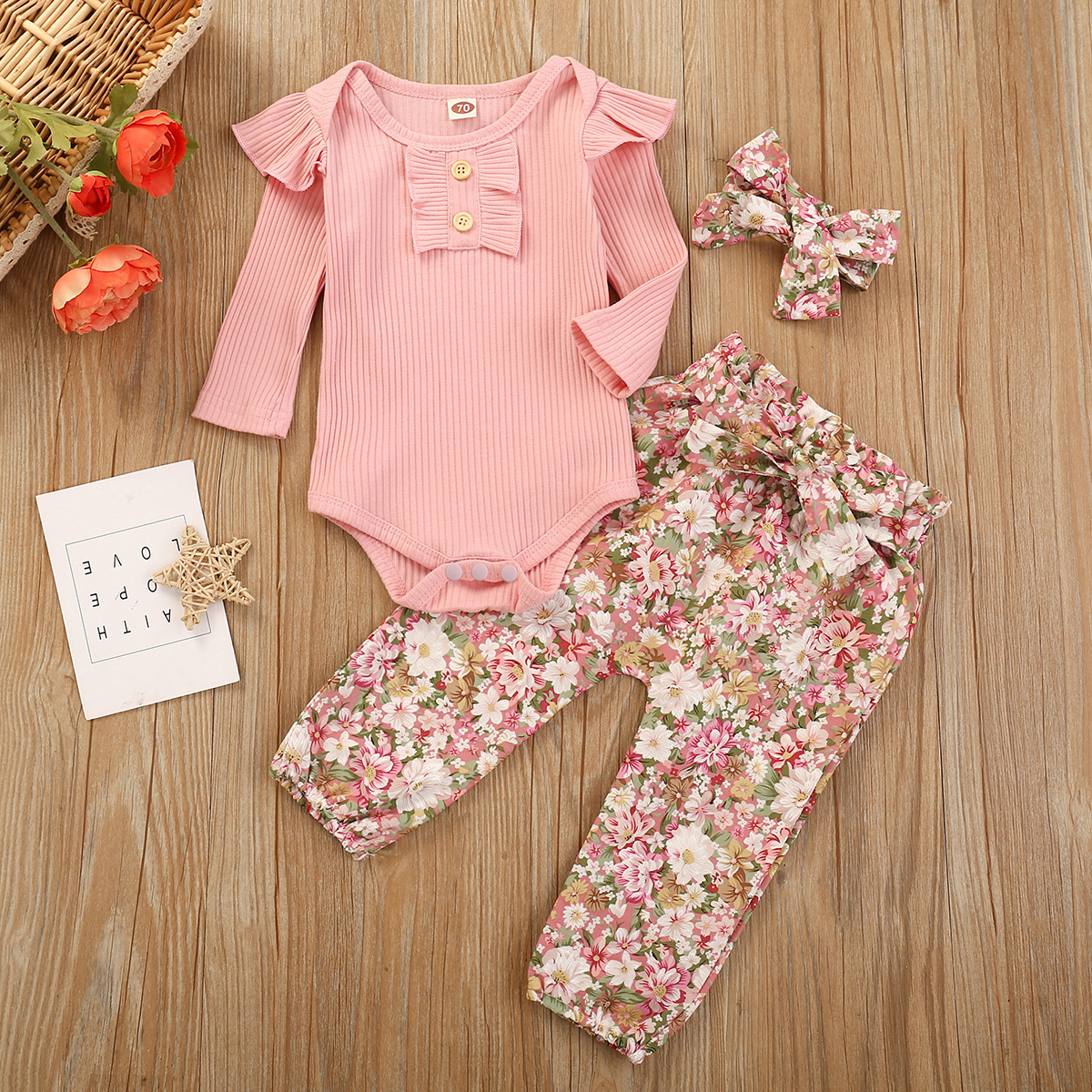 

3pcs Baby Girl Sweet Floral Baby's Sets Cotton Romper Fashion Long Sleeve Infant Clothing Outfits