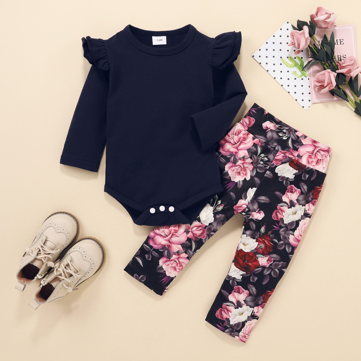 

2pcs Floral Print Ruffle Decor Long-sleeve Blue Baby Set
