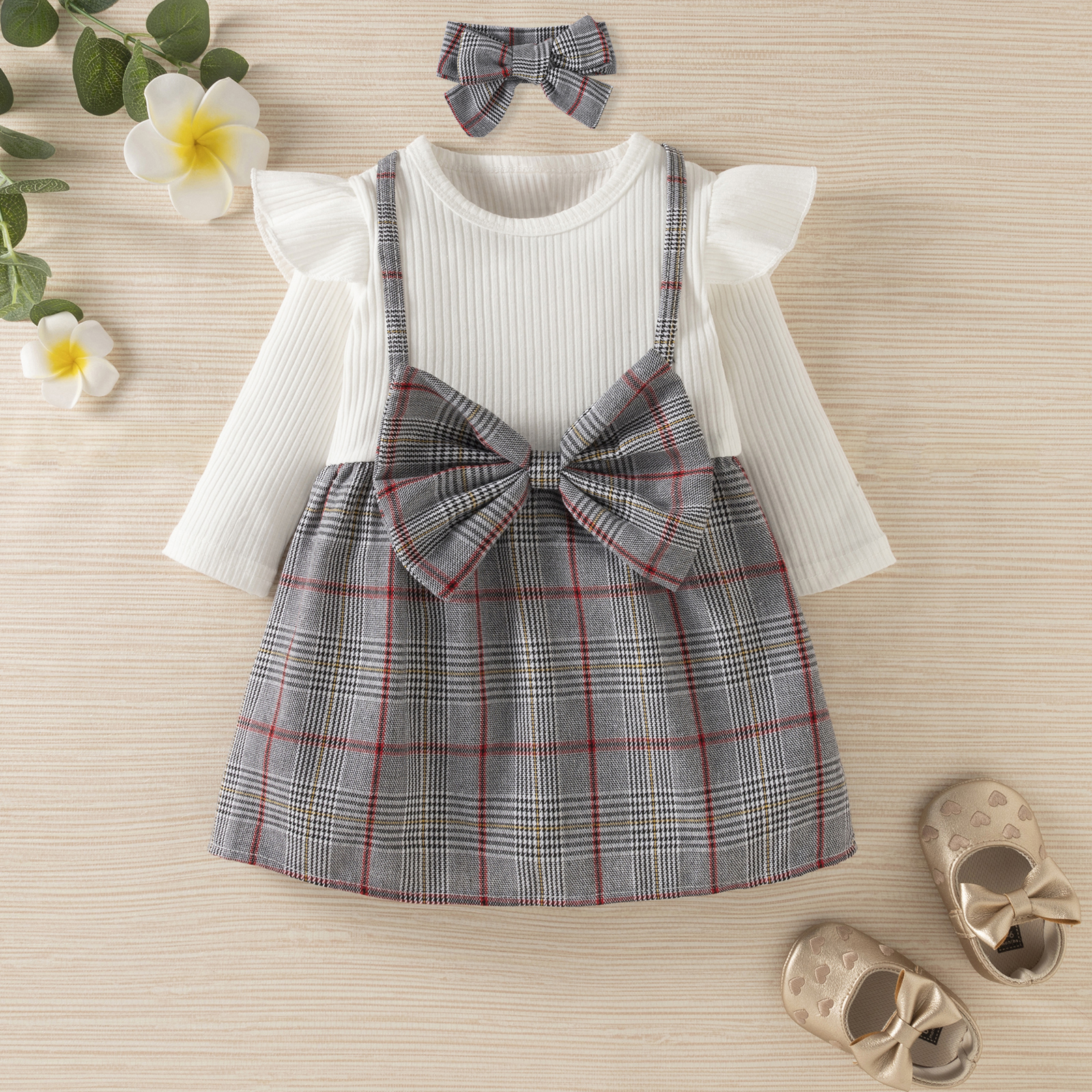 

Baby Cotton Ribbed Ruffle Long-sleeve Splicing Plaid Bowknot Faux-two Dress