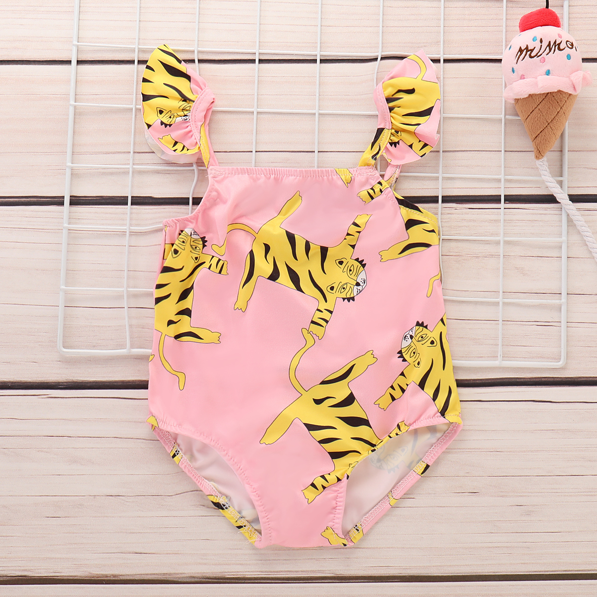 

Toddler Girls Tiger Print Ruffle-sleeve Swimwear