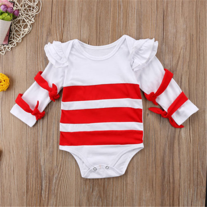 

Baby Striped Bowknot Decor Ruffled Bodysuit
