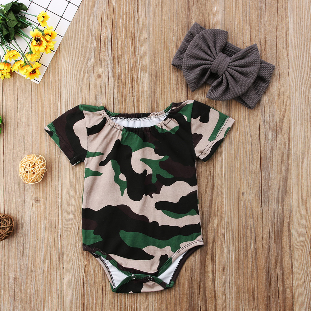 

2-piece Baby Girls Camouflage Print Bodysuit And Headband Set