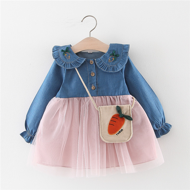 

2-piece Baby Denim Embroidered Doll Collar Splice Long-sleeve Tulle Princess Dress with Cartoon Bag Set