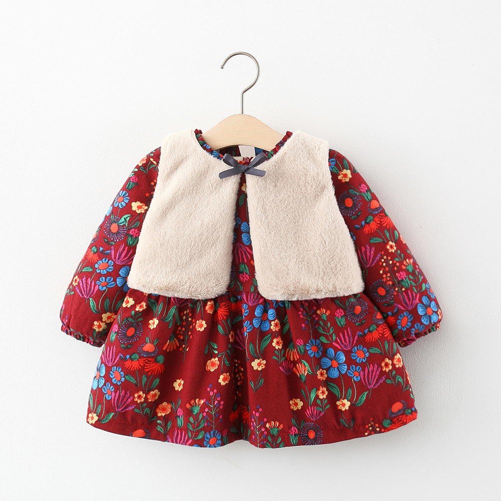 

Baby 2pcs Floral Print Red Long-sleeve Dress and Fleece Vest Set