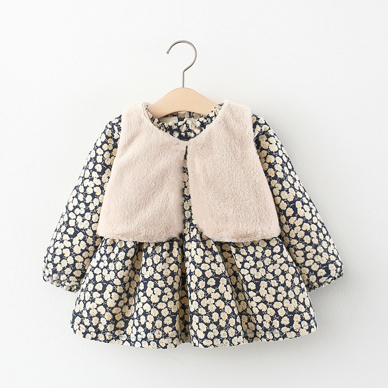 

Baby 2pcs Floral Print Long-sleeve Fleece Lined Dress and Vest Set