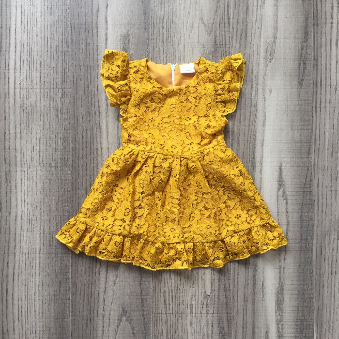 

Sweet Solid Lace Floral Allover Flounced Flutter-sleeve Dress for Girls