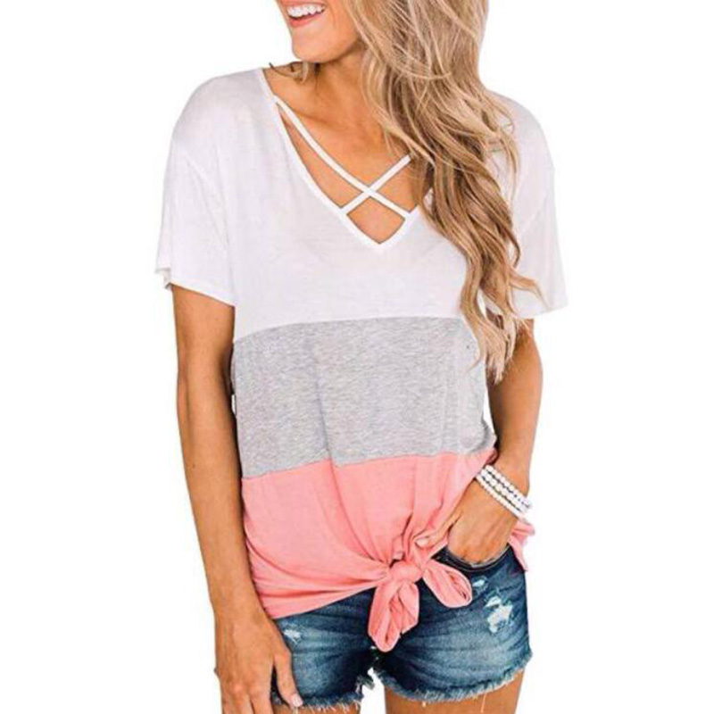 

Stylish Color Block Cross Short-sleeve Top with Knot