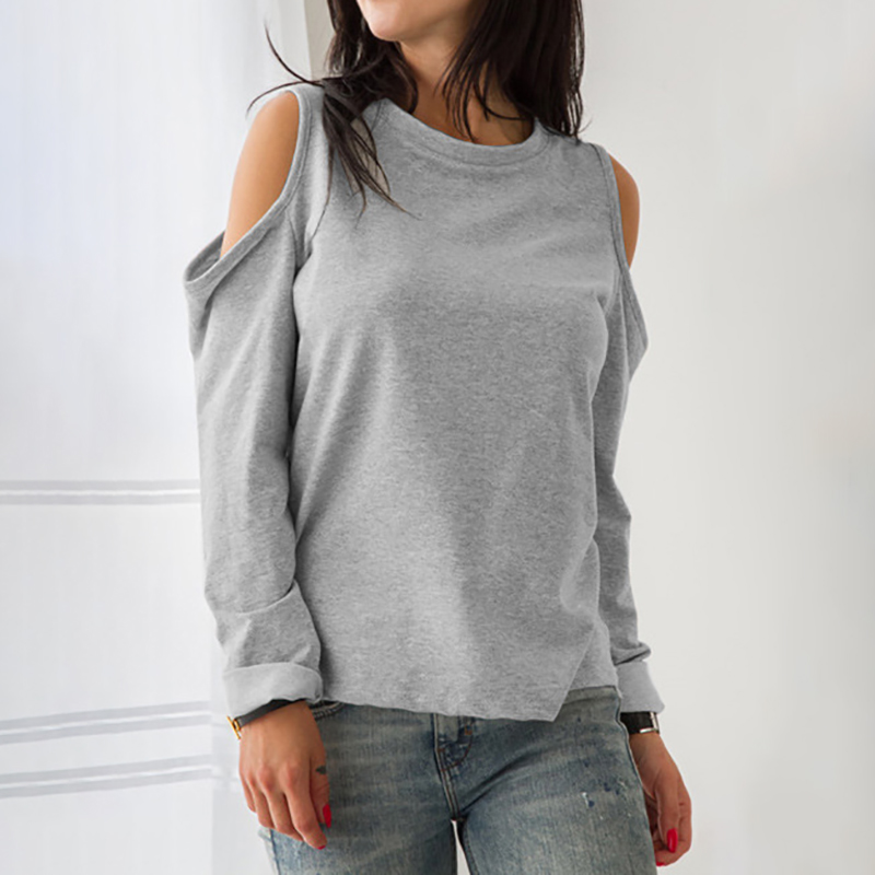 

Trendy Solid Cold Shoulder Long-sleeve Tee