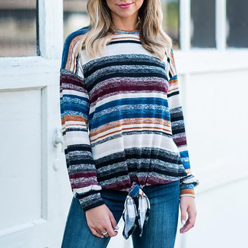 

Casual Striped Front Knot Long-sleeve Top