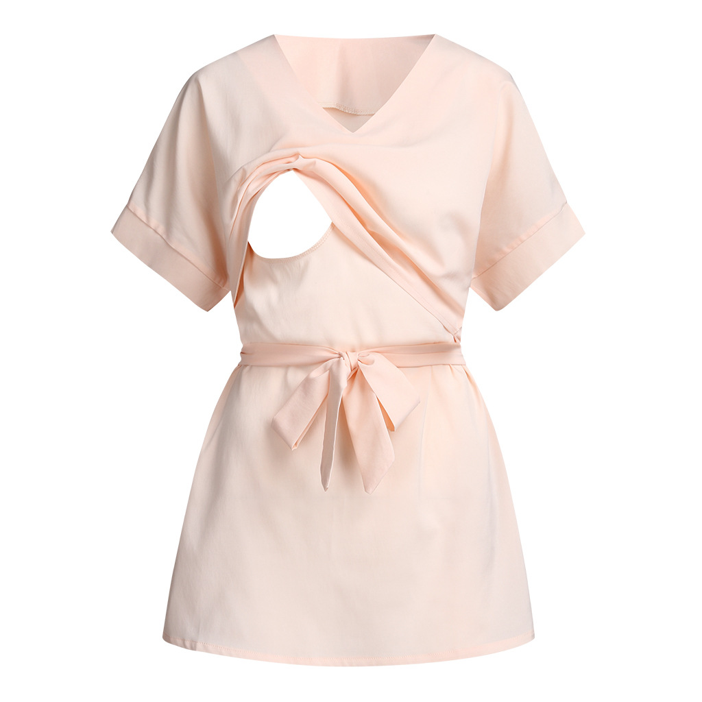 

Casual Solid Belted Short-sleeve Nursing Top