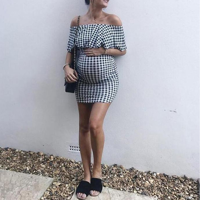 

Stylish Plaid Off Shoulder Maternity Dress