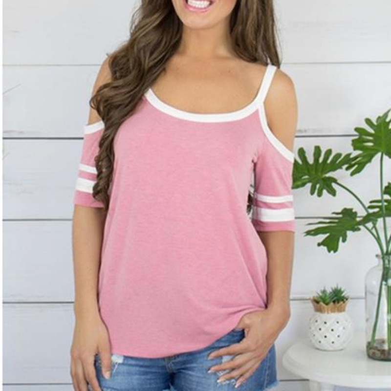 

Casual Cold Shoulder Striped Short-sleeve Top