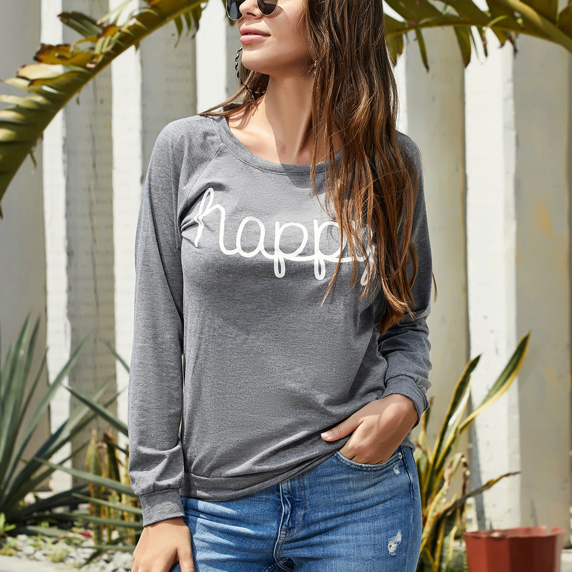 

Casual Solid Letter Print Long-sleeve Top