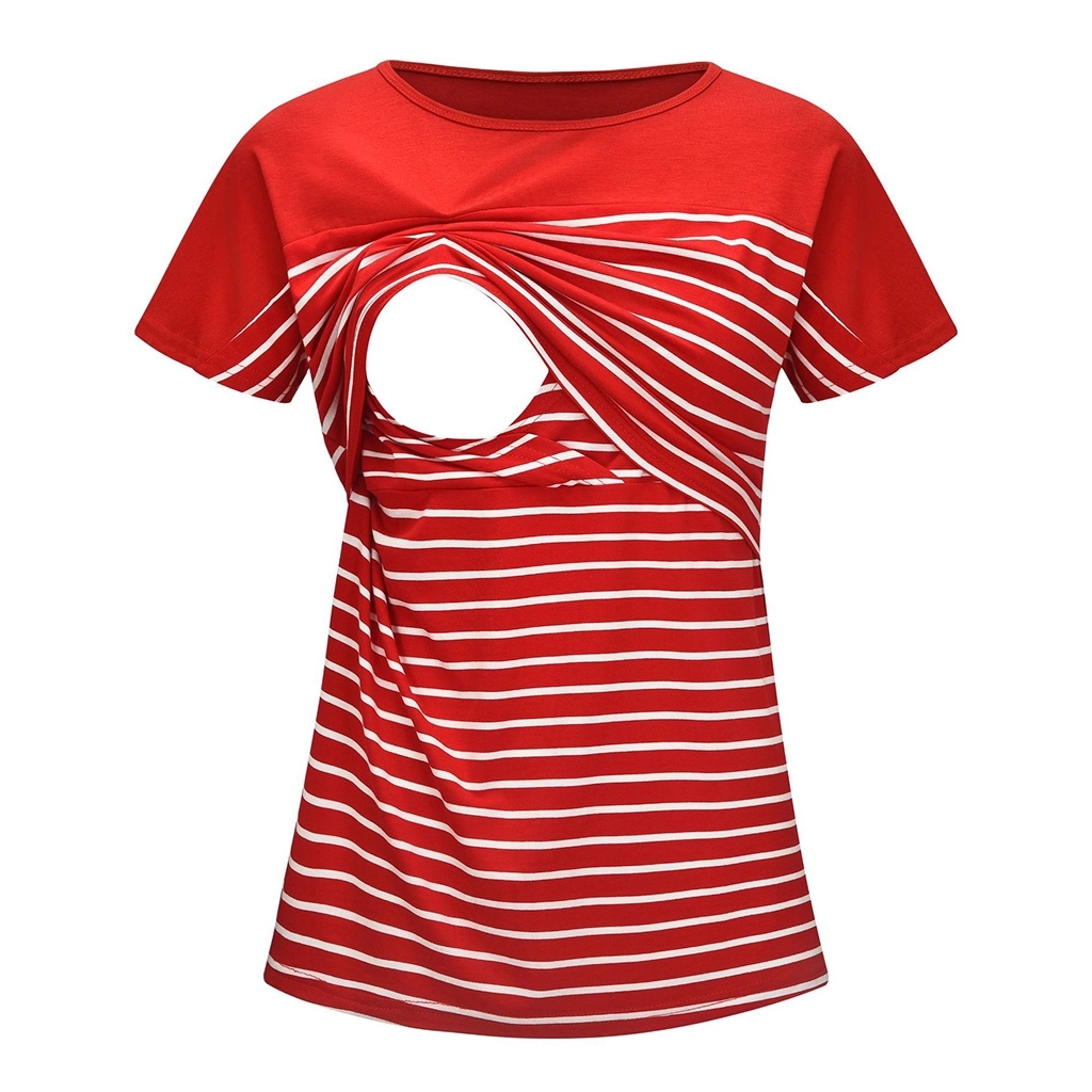 

Maternity Round collar Stripes Color block Red Short-sleeve Nursing Tee