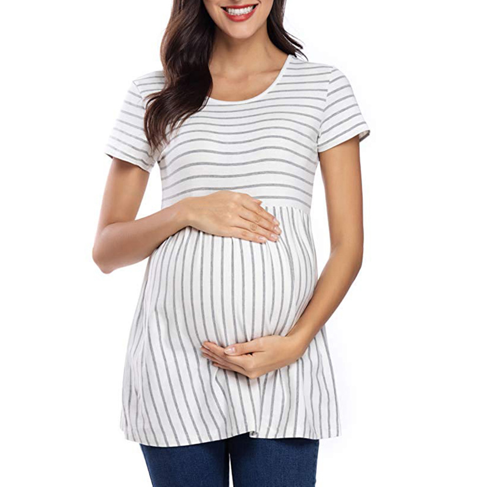 

Maternity Round collar Stripes Plain White T-shirt