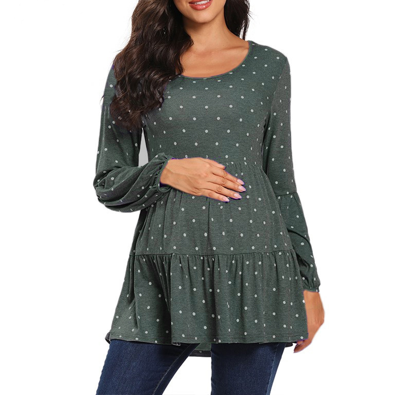 

Maternity Round collar Polka dot full print Grey T-shirt