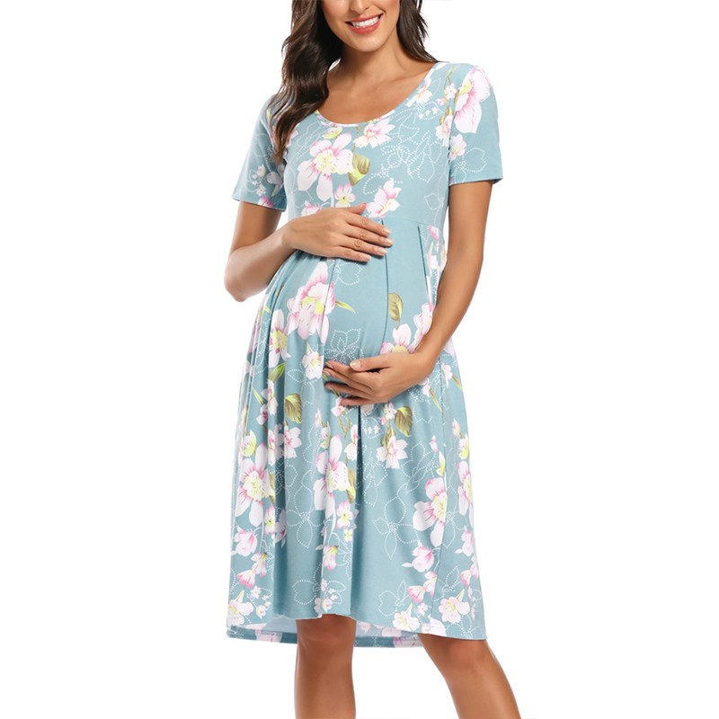 

Maternity Round collar Floral full print Light Blue Short A Short-sleeve Dress
