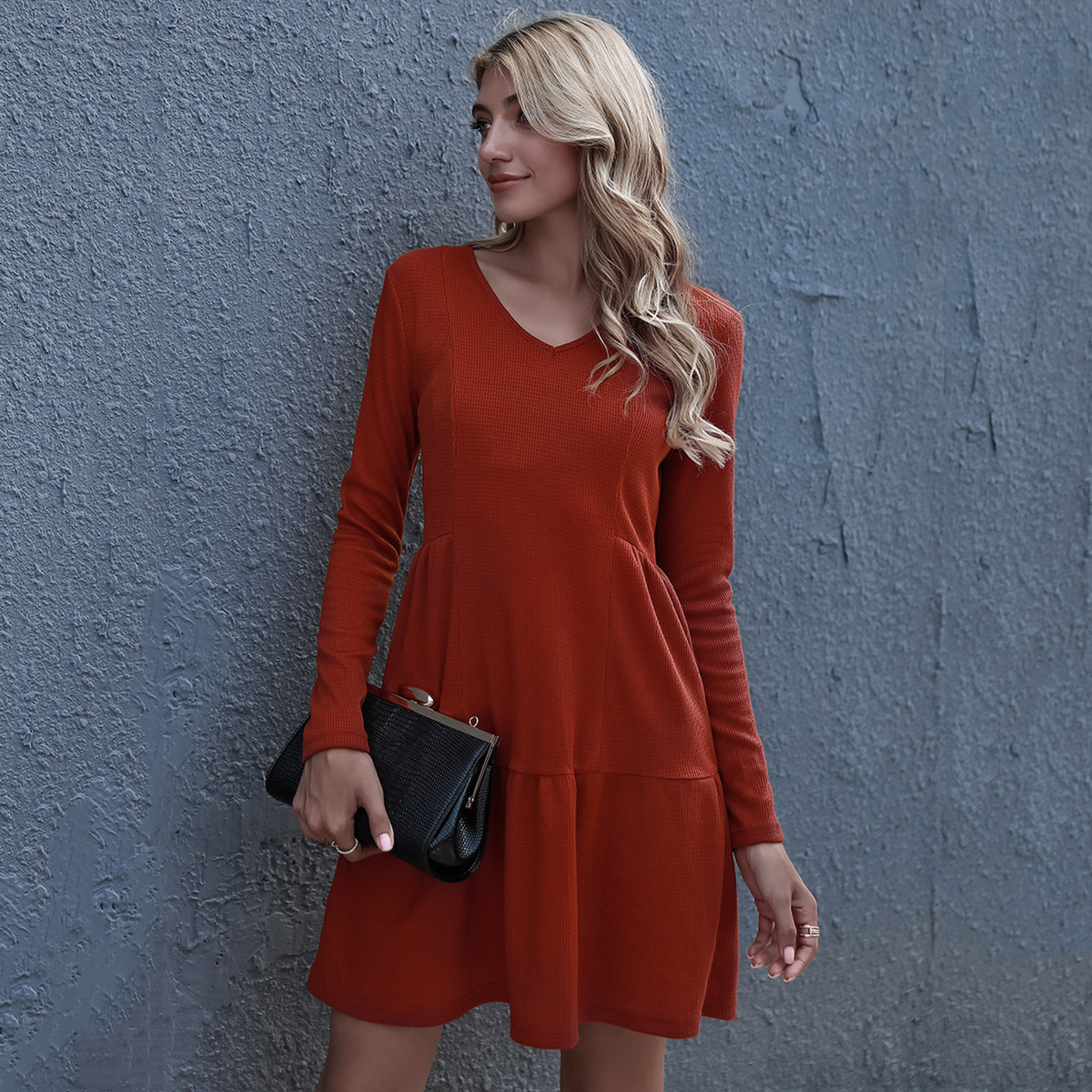 

Solid V Neck Long-sleeve Casual Drop Waist Dress