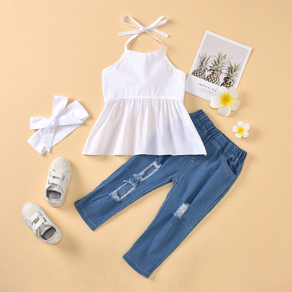 

3-piece Baby / Toddler Girl Casual Solid Top and Ripped Jeans with Headband Set
