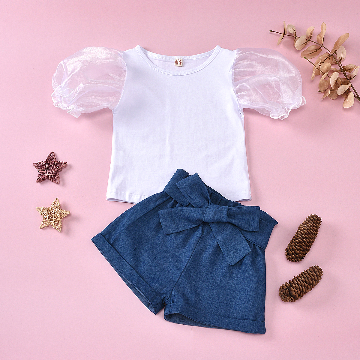

2-piece Baby / Toddler Girl Solid Puff-sleeve Tee and Shorts Set