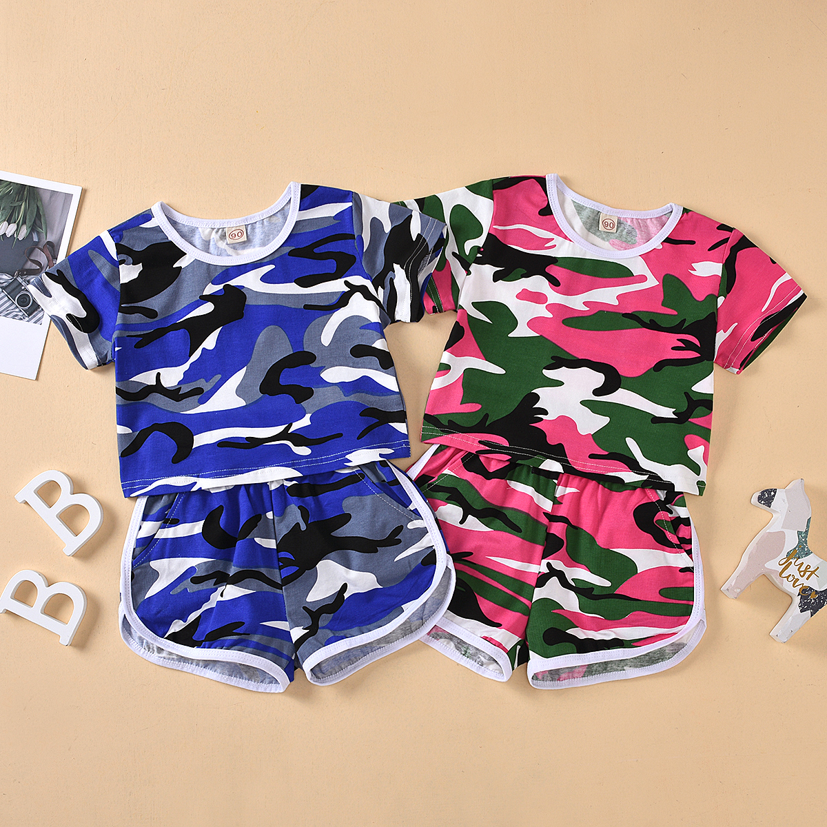 

2-piece Baby / Toddler Girl Camouflage Letter Print Top and Shorts Set