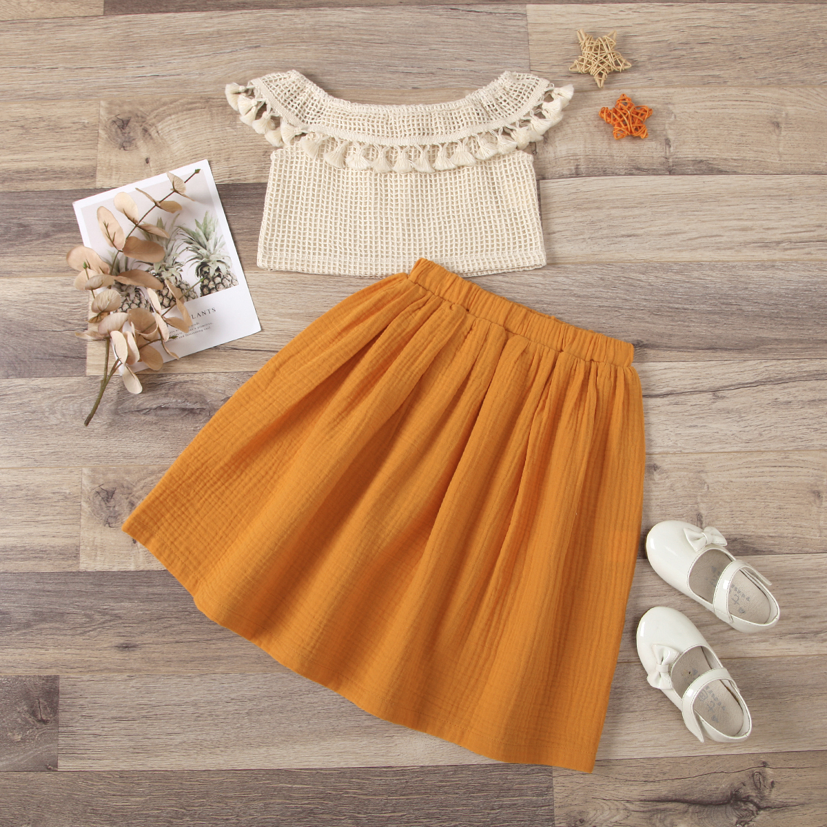 

2-piece Toddler Girl Cotton Hollow Out Top and Solid Elasticized Skirt Set