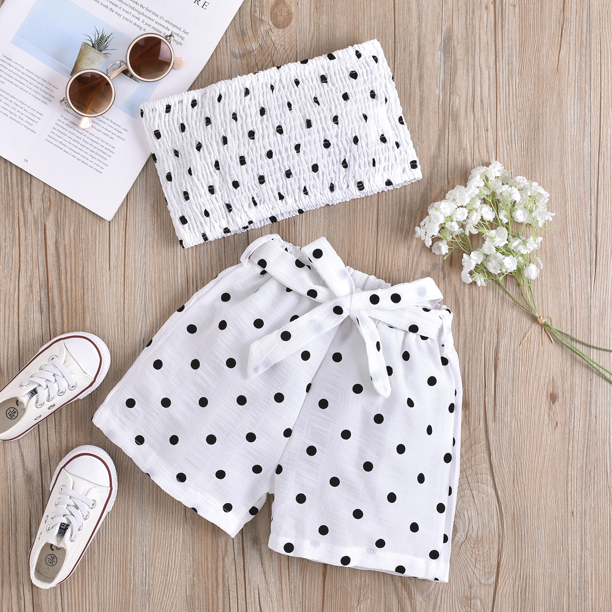

3-piece Toddler Girl Dots Top and Shorts and Belt Set